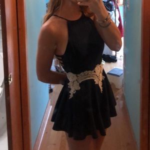 navy and white lace high neck halter romper